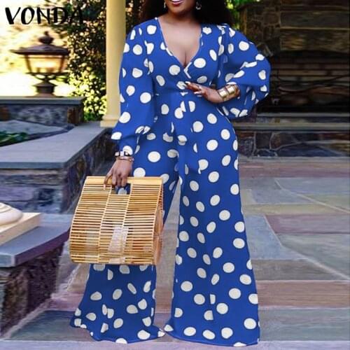 Women Wide Leg Playsuits VONDA 2021 Sexy Belt Long Sleeve Womens Trousers Palazzo Sexy V Neck Polka Dot Lantern Sleeve Rompers