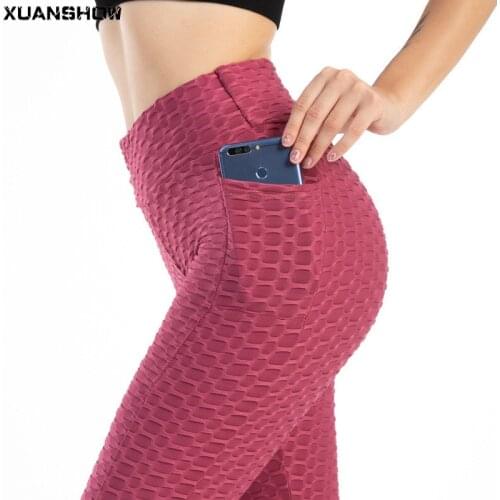 XUANSHOW Jacquard Pocket Leggings Women Workout High Waist Push Up Legging Running Fitness Gym Jeggings Pants Women Clothing
