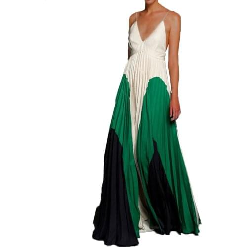 2021 Summer Women Dress Plus Size Maxi Dresses Women V-neck Pleated New Vestidos Suspender Loose Split Colorblock Dress Female