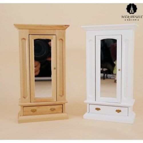 1:12 miniature dollhouse wardrobe with mirror brown wooden doll house Miniatura furniture for dolls house play toys lovely gifts
