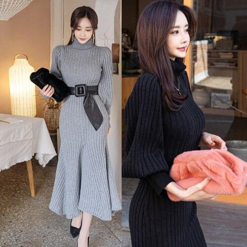 2020 New Winter Vintage Elegant Turtleneck Female Thicken Knit Slim Lantern Sleeve Mermaid Women Sweater Dresses Without Belt