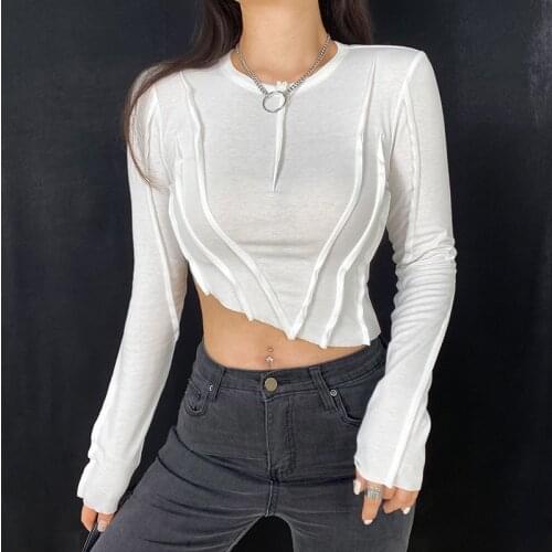 White Fashion Design Women Long-sleeve T-shirt 2021 Autumn Lady Basic Irregular Short-length Slim Thin O Neck Tshirt Casual Top