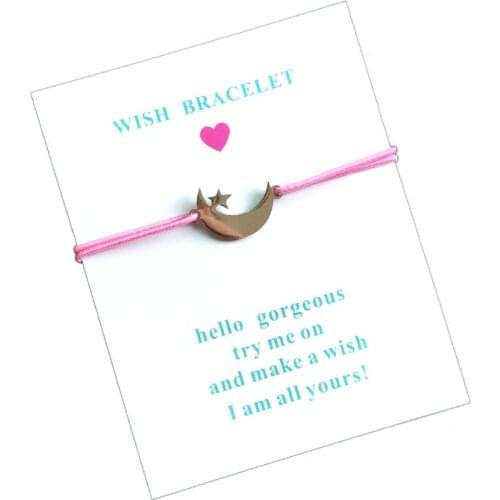 Wish Card Bracelet Triple Moon and Star Stainless Steel Charm Adjustable Cord Unisex Friendship Lucky Bracelet