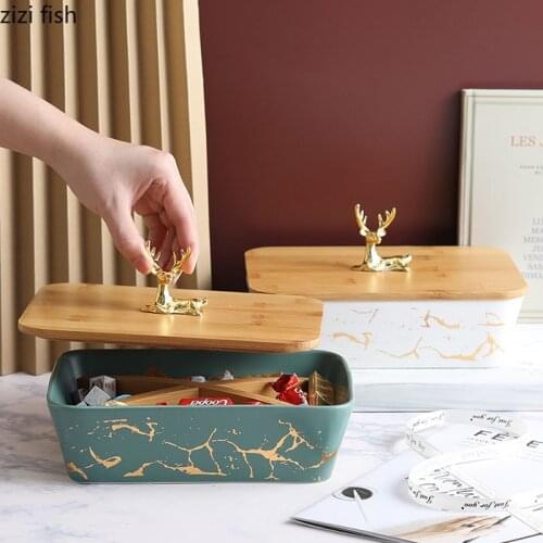 Imitation Marble Ceramic Bowl Quality Porcelain Bowls Tabletop Fruit Plate Golden Deer Candy Jar Kitchen Storage Supplies