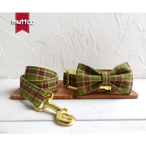 MUTTCO retailing self-design green personalized dog collar THE GREEN PLAID 5 sizes dog collar and leash with bow tie UDC041B