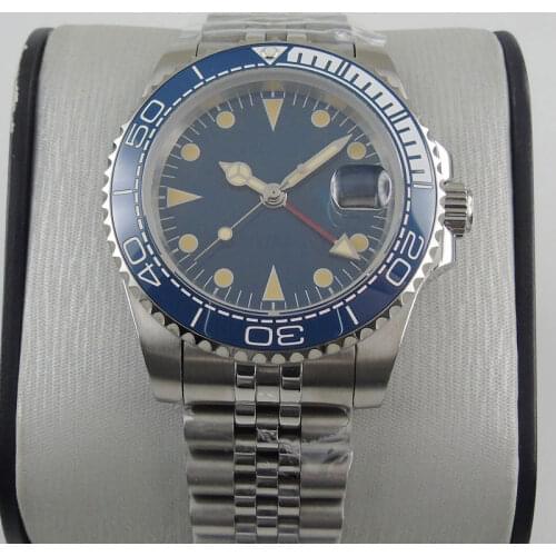 40MM Sterile Dial Sapphire Glass GMT Date 21 Jewels MingZhu 3804 Clear Glass Back Ceramic Bezel Automatic Mens Wristwatch
