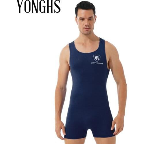 Mens Male Gymnastics Fitness Athletic Wrestling Boxers Jumpsuit Leotard Nightwear Round Neck Sleeveless Tight Bodysuit Swimwear