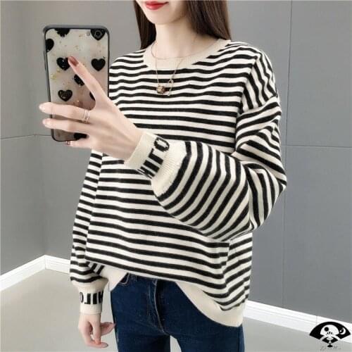 Sueter Sweater Women Autumn Winter Korean Loose Low Round Neck Stripe Pullover Top Knitted Base Coat Lazy Style Crop Tops
