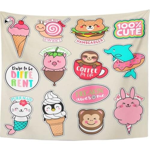 Girl Patches Cute Colorful Badges Fun Cartoon Animal Tapestry Home Decor Wall Hanging for Living Room Bedroom Dorm 50x60 inches