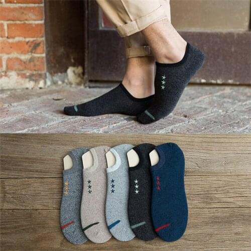 Summer And Spring Mens Cotton Short Heel Boat Socks Stars Embroidery Personalized Shallow Breathable Show Ankle 5 Pairs Male