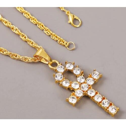 Fashion Gold Silver Color Big Rhinestone Ankh Cross Pendant Necklace Women Men Classic Long Chain Necklace Hip Hop Jewelry Gift