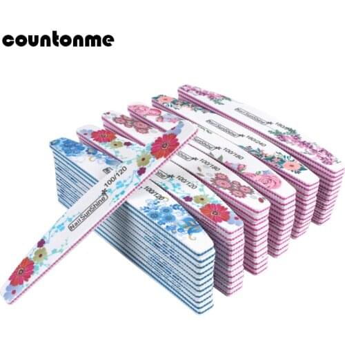 50pcs New Nail File Buffer Double Side Lime Buffer Mix 100/120/180/240 Flower Printed Block Half Moon UV Gel Nail Polishing File