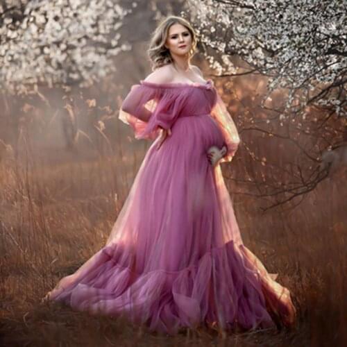 Sweet Dusty Pink Tulle Pregnancy Women Dress Off The Shoulder Long Sleeves Ruffles Mesh Maternity Gowns For Photography