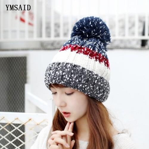 High Quality Beanies Cotton Add Wool Fur Ball Cap Pompoms Winter Hat For Women Girl Ski Hat Knitted Warm Skullies Cap