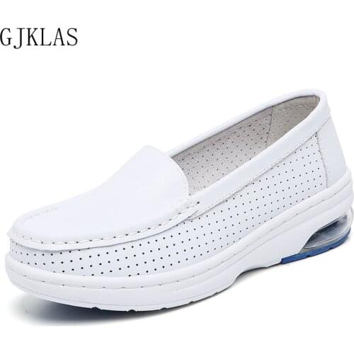 Real Leather Woman Flats White Loafers Women Flat Shoe Hollow Out Comfortable Big Size Platform Shoes Women Nurse Slip on Shoes