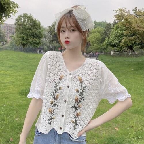 Ladies Cardigan Shirt Crochet Hollow Short Sleeve Top V Neck Knitted Shirt Summer Fashion