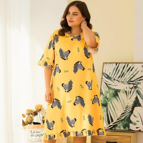 HC232 Big Size Women Home Dress Mid Skirt Fat Female Yellow Zebra XL 2XL 3XL 4XL Nightclothes Sleep Wear Set Nightgrowns