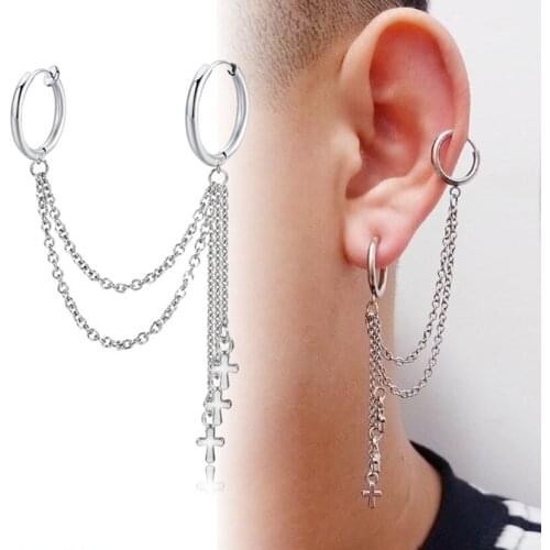 1PC Punk Men Earing Stainless Steel Earrings Long Chain Cross Zipper Clip on Earrings for Women Party Punk Jewelry Gift Brincos