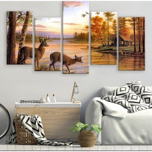 HD Printed 5 piece canvas art HD Printed 5 piece canvas art deer forest painting antelope to drink water framed