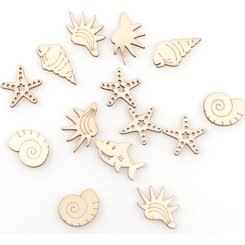 50Pcs Wood Color Blank Starfish Shell Conch Ocean Animal Wood Scrapbook For Handmade Wedding Handmade Graffiti Button