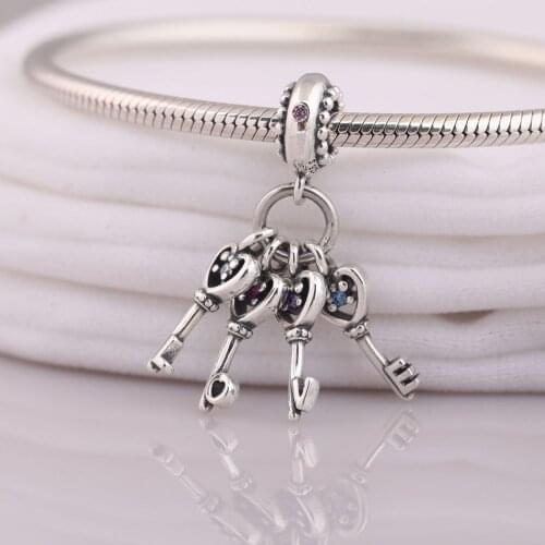 Authentic S925 Silver Keys Of Love With Crystal Pendant Dangle Bead Charm for Women Bracelet Bangle DIY Jewelry