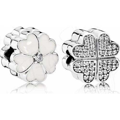 Baofu 925 Sterling Silver Clip White Lucky Four-leaf Clover And Shiny Beaded Beaded Suitable For Original Ladies Bracelet