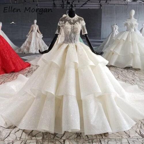Glitter Short Sleeves Ball Gowns Wedding Dresses for Women 2020 High Neck Lace up Beaded Custom MadeReal Photos for Bridal