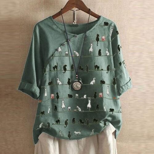 Plus Size Women Casual Cat Print Blouse And Tops Streetwear Loose Short Sleeve O-Neck Button Loose Tunic Shirt Top Blouse