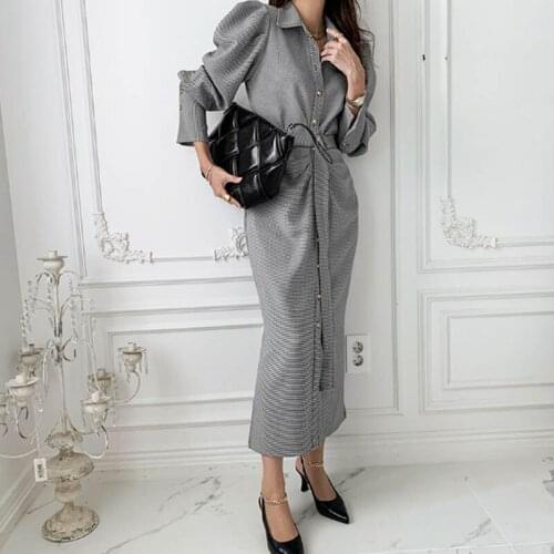 One Piece Hic Turn-Down Collar Women Dress Fashion Autumn Winter Single-Breasted Belted Long Plaid Dress Female Bodycon Vestidos