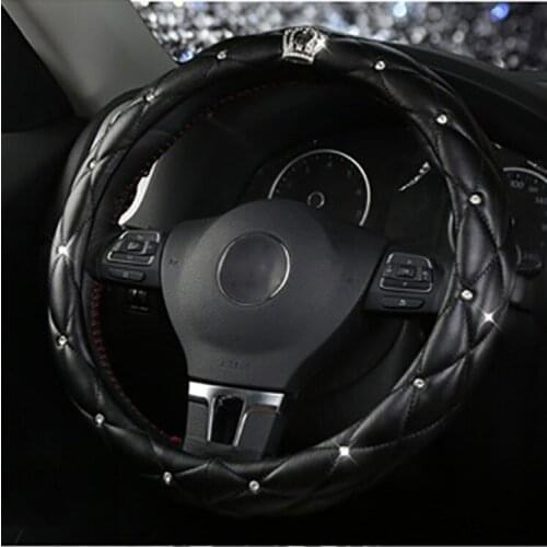 Car Leather Steering Wheel Cover Crystal Crown Diamond Hand Brake Gear Cover Auto Seat Belt Shoulder Pad For Woman Car Styling
