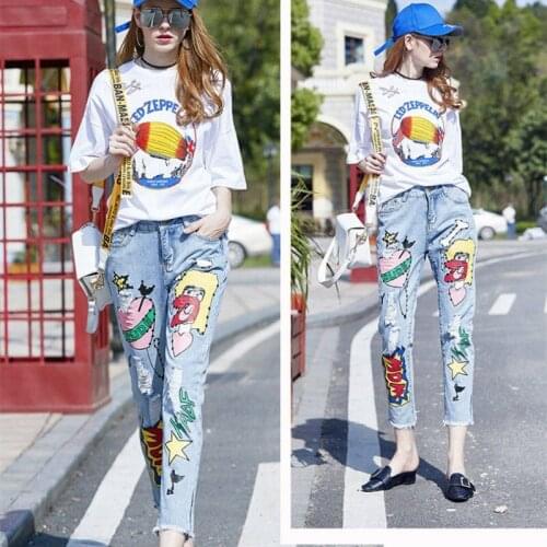2 pieces of new spring and summer womens denim jeans color cartoon print cute jeans and T-shirt jeans womens trouser suit NZ31