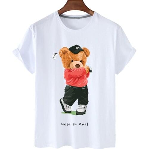 100% Cotton Cute Golf Bear Print Short-sleeved T-shirt Female Half-sleeved Summer Casual Oversized T-shirt Ladies Shirt S-4XL