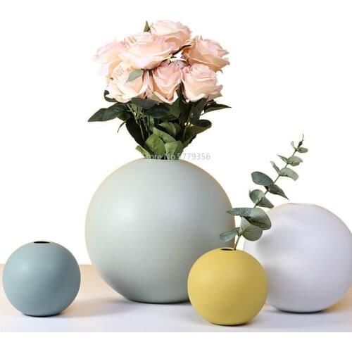 Ceramic Circle Ball Flower Vase Figurines Modern Minimalist Flower Pot Home Decorations Nordic Cylinder Table Desk Decor