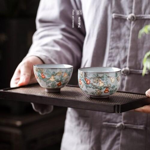 Chinese Hand-Painted Gourd Pastel Master Cup Pu'er Small Teacup Handmade Tea Tasting Cup Lang Langya Color Ru Ware Cup Gift Box