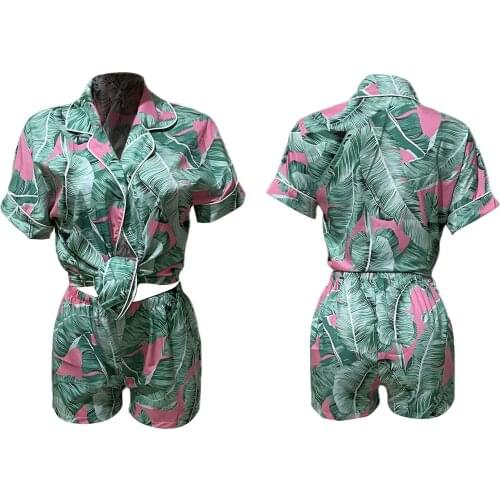 Women’s Two Piece Summer Outfits, Tropical Short Sleeve Button Down Tops and Shorts Set