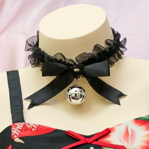 Harajuku Handmade Lace Choker Bell Hanging Jingle Collar Kawaii Bow Ribbon Neck Dress Women Girls Cosplay Party Necklace