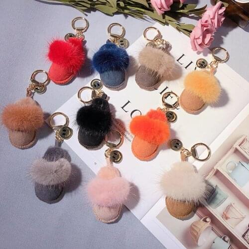 Kawaii Fur Keychains Luxury Real Mink Fur With Leather Mini Slippers Keyring For Women Charm Bag Holders Car Key Pendant Chain