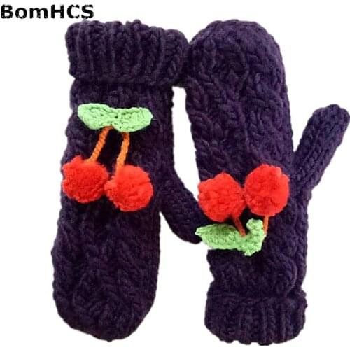 Cute Cherry Handmade Winter Warm Mittens Knitted Gloves with Flowers