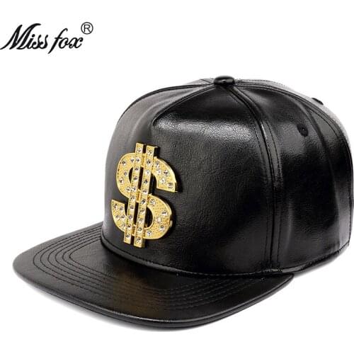Missfox Hip Hop 18k Gold Plated America Us Dollars Shape Rhinestone Drill $ Black Gd Mens Hats And Caps