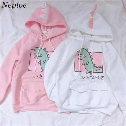 Neploe Japanese Fleece Thick Hoodies Cartoon Dinosaur Printed Sweatshirt Womens Clothes Sweet Hooded Drawstring Pullover 37416