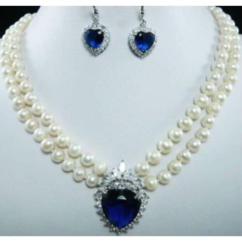 Brand New High Quality Fashion Picture 6-7mm Natural White Pearl Blue Crystal Pendant Necklace + Earrings Set Jewelry jade cryst