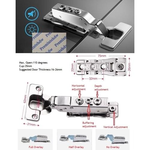 2Pcs/Lot 3D Adjustment buffer damper adjustable quiet soft cabinet cupboard hinge with concealing adjustable base DTC