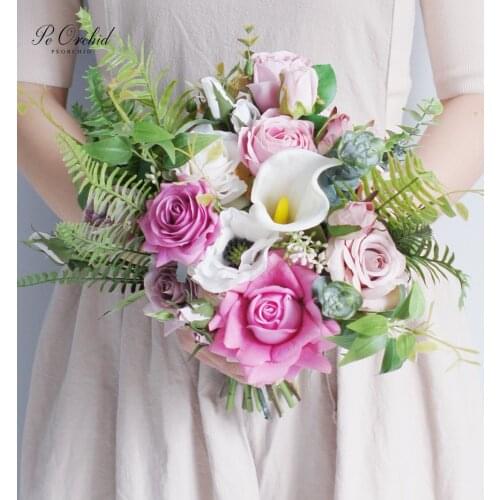 PEORCHID Pink Wedding Boquet Bridal Artificial Silk Flower Real Touch Calla Lily Rose Bouquet For Bride Ramos De Boda