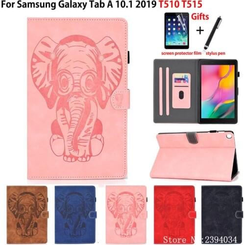 SM-T510 Case For Samsung Galaxy Tab A 10.1 2019 T510 T515 SM-T515 Cover Funda Elephant Embossed PU leather Stand Shell +Gift
