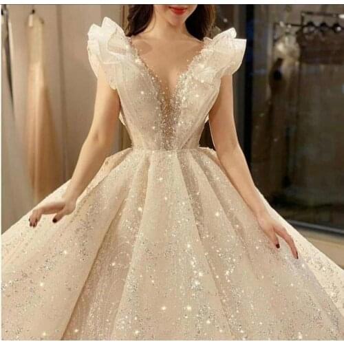 Vintage Vestidos De Novias Deep V Neck Beaded Pleated Ball Gown Champagne Wedding Dresses