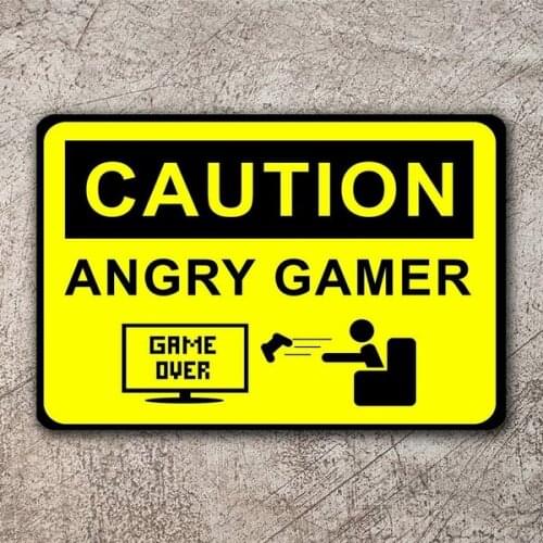 Caution Angry Gamer, Retro Metal Sign Vintage / Man Cave Tin Sign