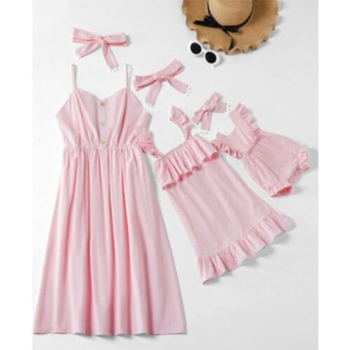 Candy Pink Mommy and Daughter Dresses Women Baby Rompers Summer Sleeveless Bowtie Mother Daughter Princess Dress Family Clothing