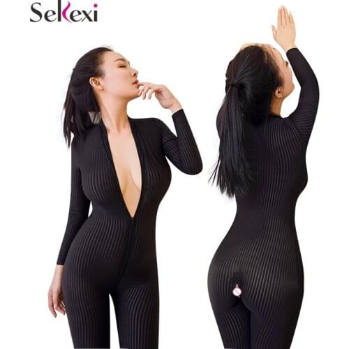 Women Zipper Open Crotch Jumpsuit For Sex Vertical Stripes High Elastic Bodysuit Nightclub Sexy Lingerie Long Tights For Women