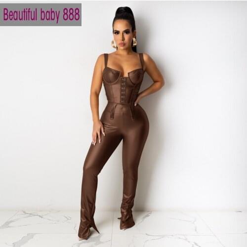 Meqeiss Y2K Pu Leather Stacked PantsCorset Crop Tops 2Two Piece Sets For Womens 2021 Sexy Club Party Wear Camis Trousers Suits