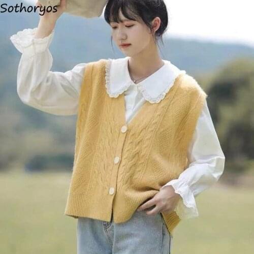 Sweet Solid Sweater Vests Women Tender Plus Size S-3XL Vintage Casual Single Breasted V-neck Knitwear Female Simple Basic Jumper